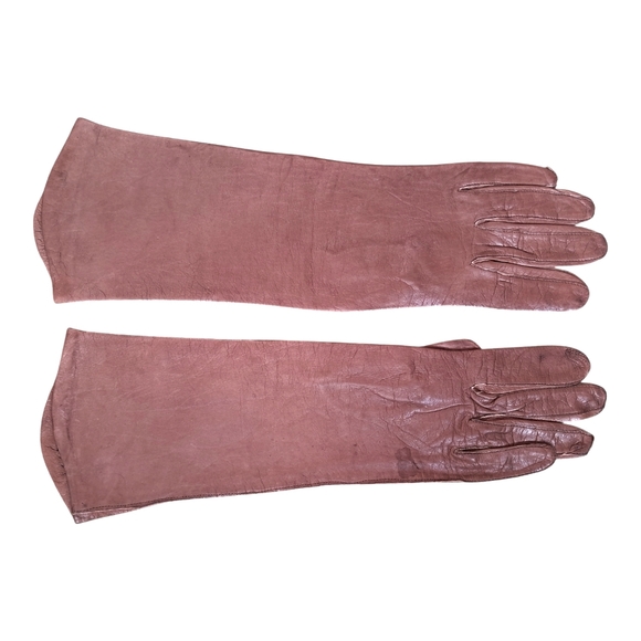 Vintage Opera Gloves Set of 2 Brown Leather /Off White Crenlon Crescendoe Nylon - Picture 2 of 13